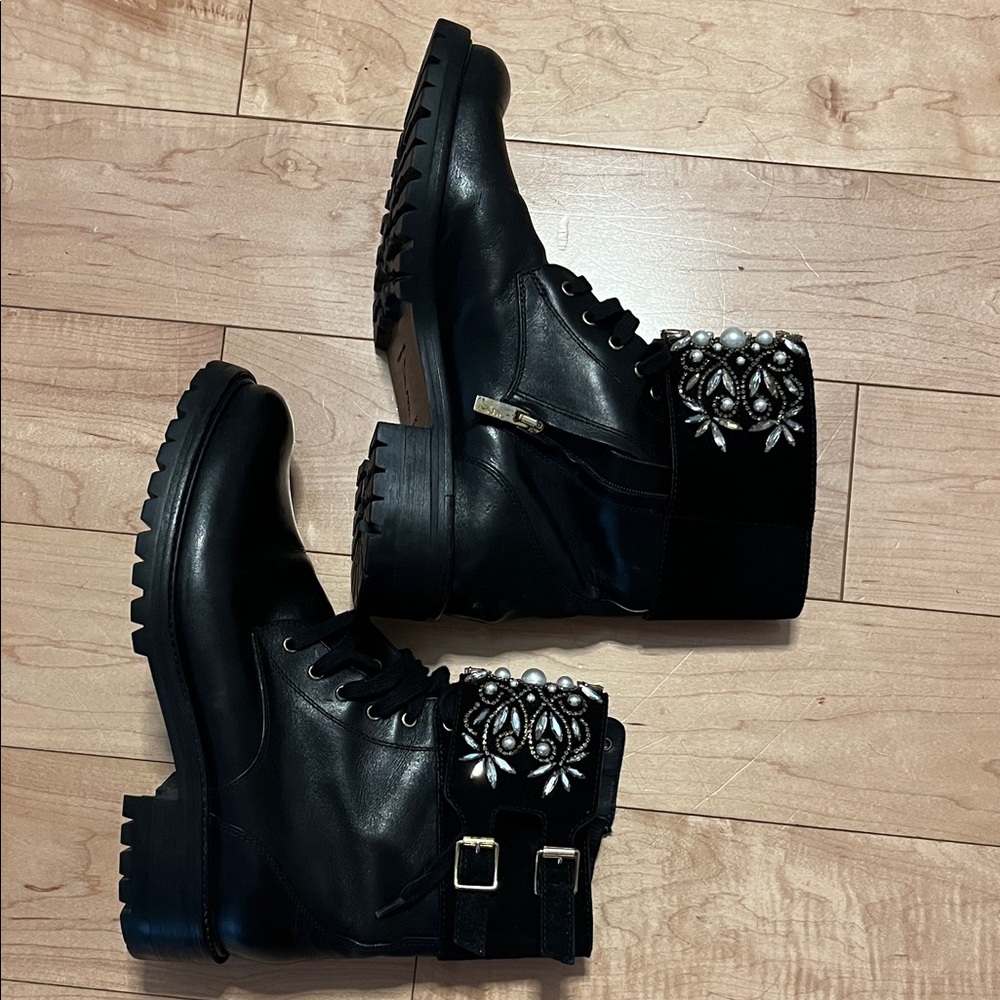 Rare Rene Caovilla Black Crystal Embellished Suede Combat Boots Size 38.5 - Picture 8 of 16